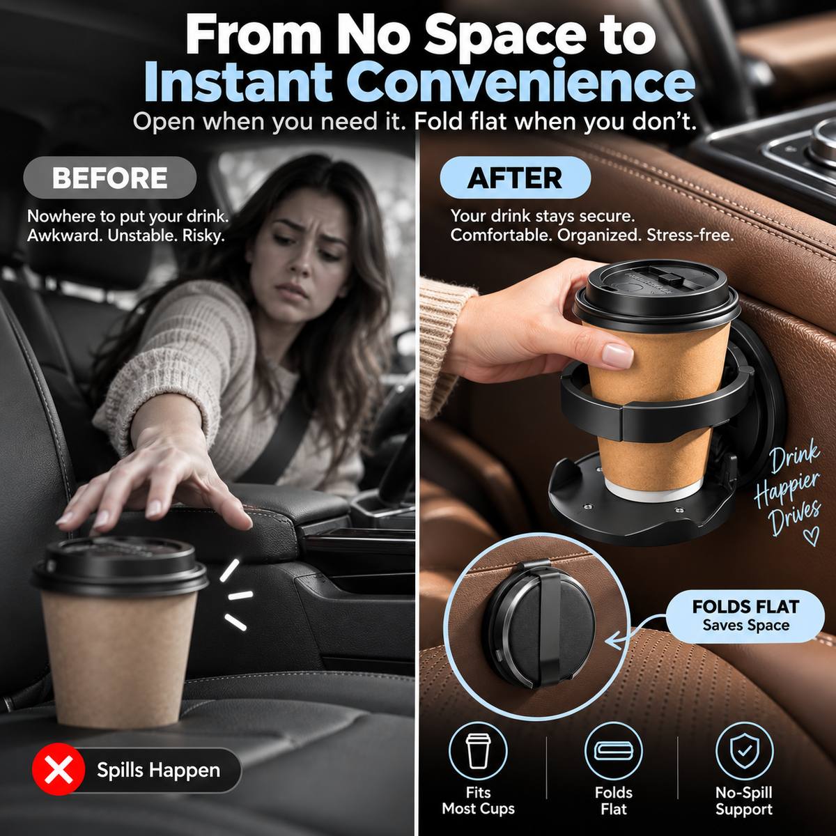 📢📢Drinks rolling all over your car?🔥🔥 ⏰Must-have for road trips & commutes,Car Seat Headrest Cup Holder with Hooks