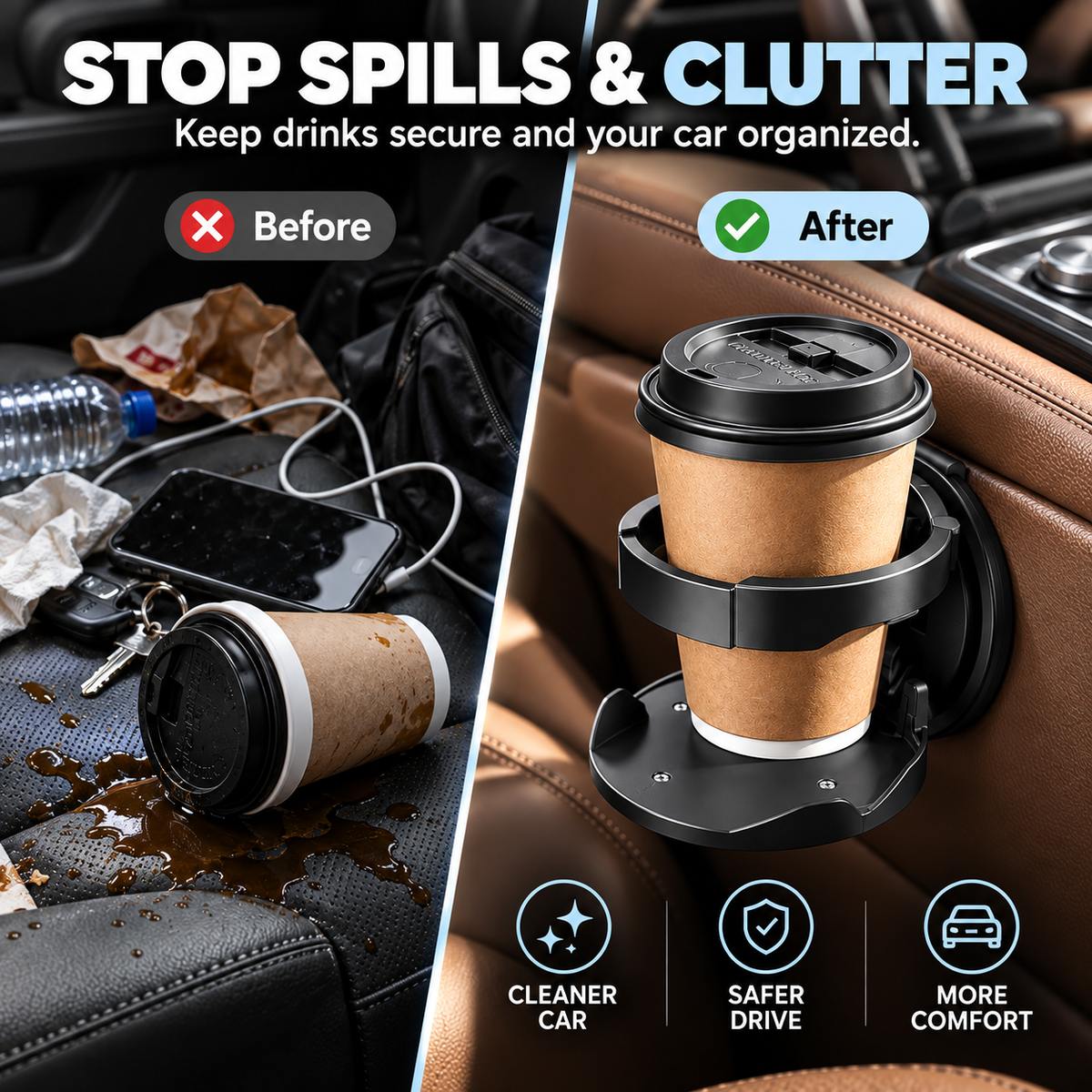 📢📢Drinks rolling all over your car?🔥🔥 ⏰Must-have for road trips & commutes,Car Seat Headrest Cup Holder with Hooks