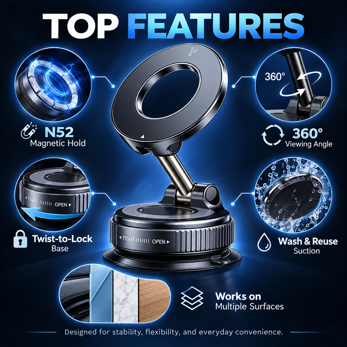 💥 Stop Fumbling Mid-Drive | Stable Magnetic Car Mount,🧲 One-Twist Lock | 360° Rotatable Magnetic Phone Mount