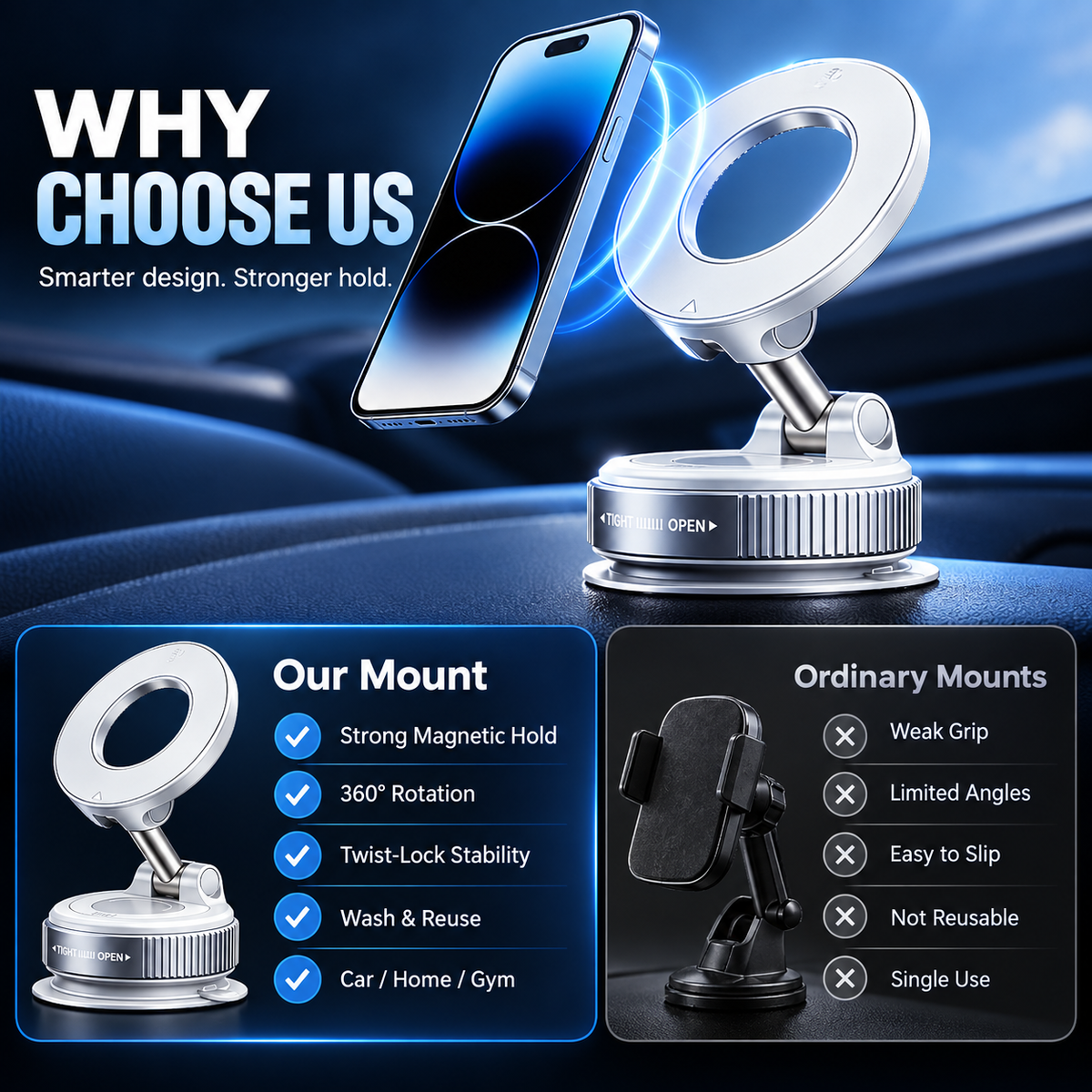 💥 Stop Fumbling Mid-Drive | Stable Magnetic Car Mount,🧲 One-Twist Lock | 360° Rotatable Magnetic Phone Mount